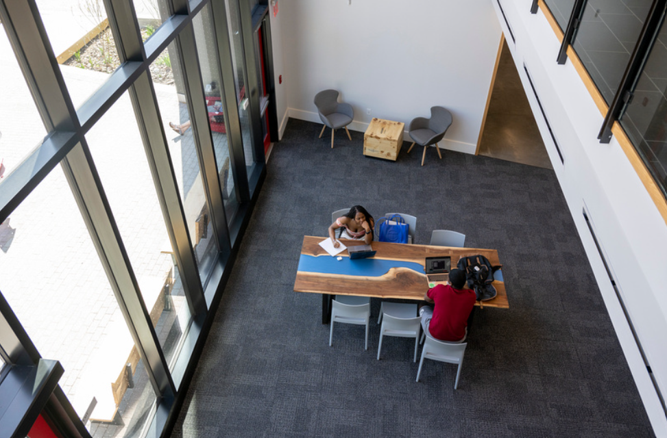Glass panels in Fahy Commons are designed to deter bird strikes